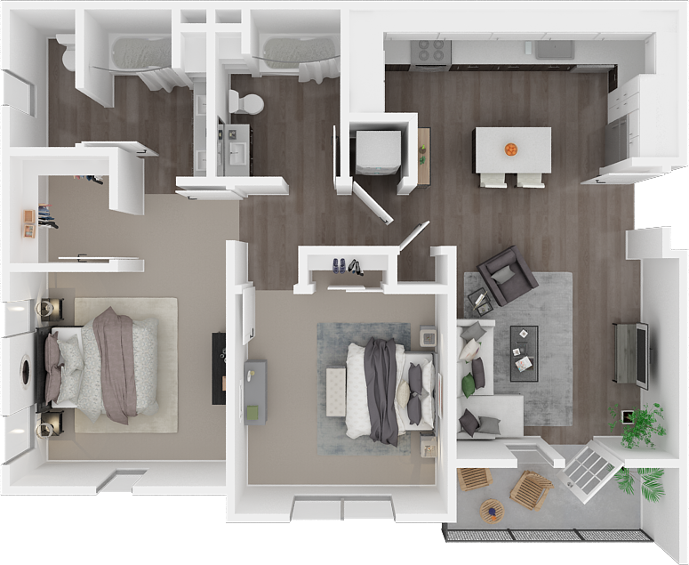 Two Bed Two Bath B2 1077 Sq Foot Floorplan